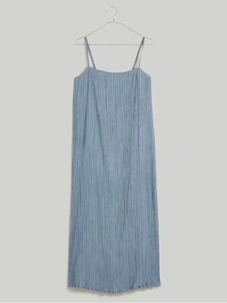 Madewell Goldie Pliss Teapot Blue Tank Slip Midi Column Dress 8